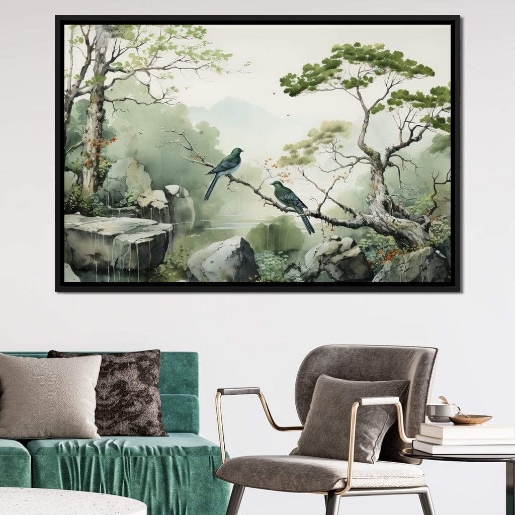 Misty Mountain Aviary Serene Canvas Wall Art