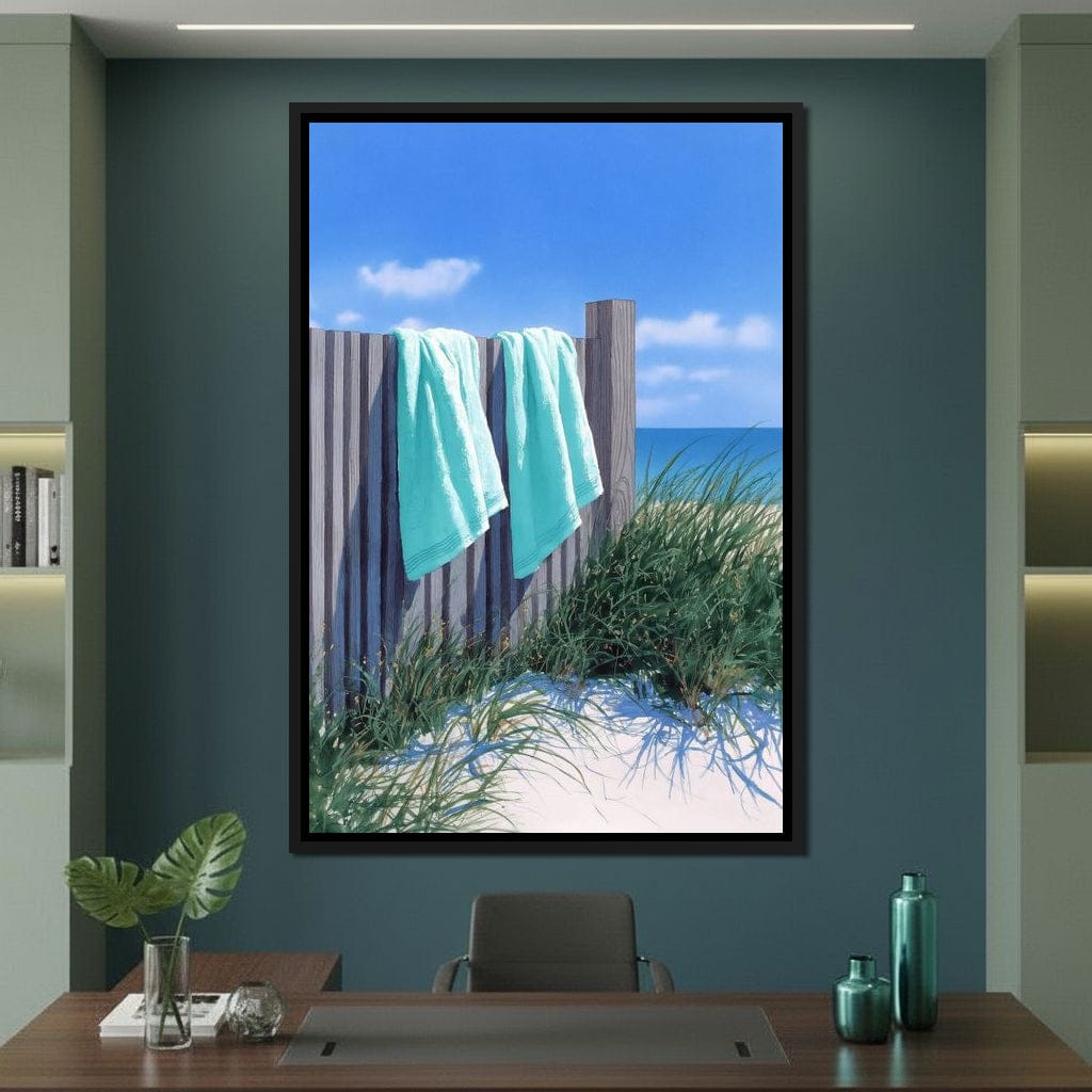 Coastal Towels On Dune Fence Canvas Wall Art