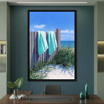 Coastal Towels On Dune Fence Canvas Wall Art