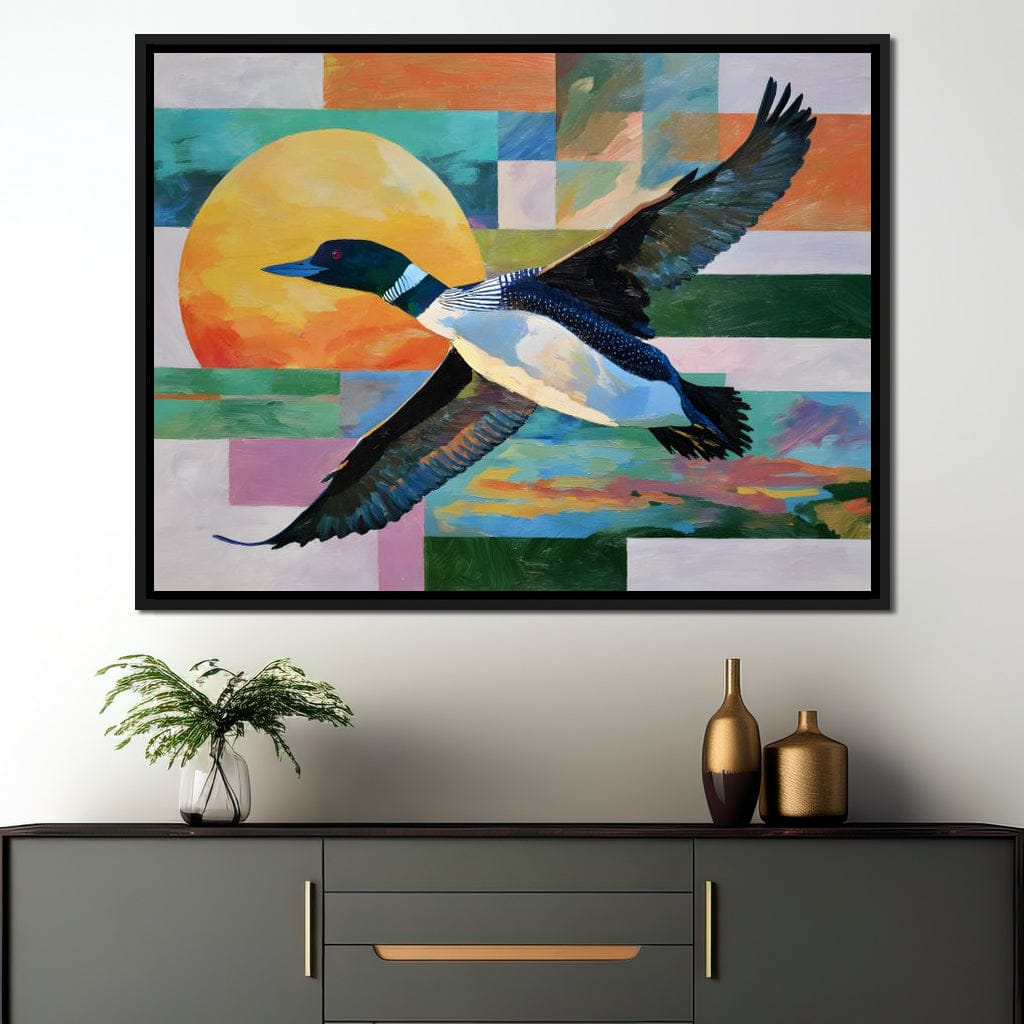 Flying Loon Over Golden Sun Canvas Wall Art