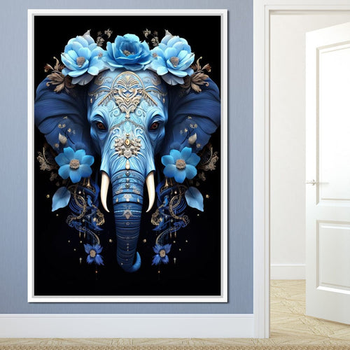 Elephant Bloom in Mystic Blue Canvas Wall Art