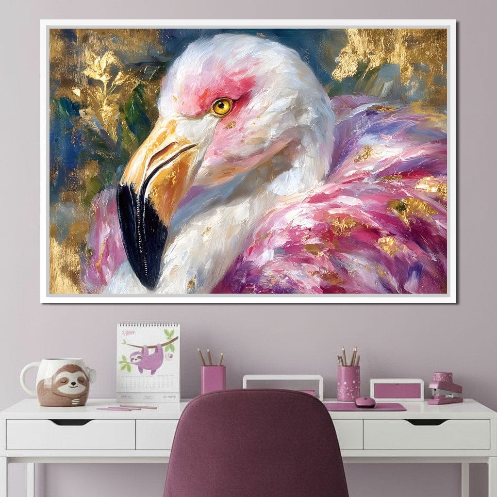 Golden Pink Flamingo Portrait Canvas Wall Art