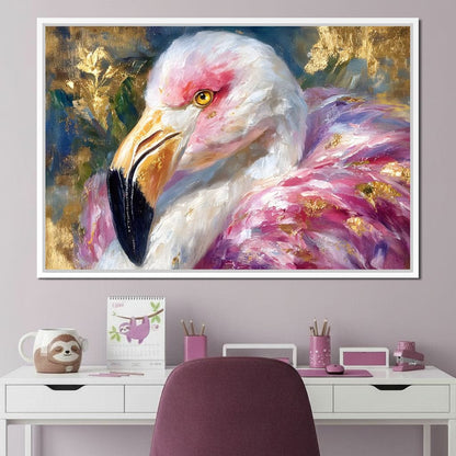 Golden Pink Flamingo Portrait Canvas Wall Art