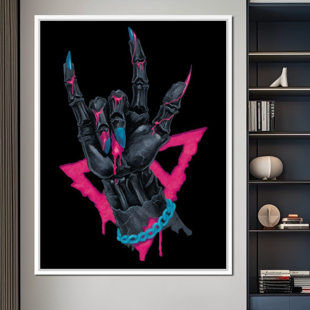 Neon Skeleton Rock Hand Sign Canvas Wall Art