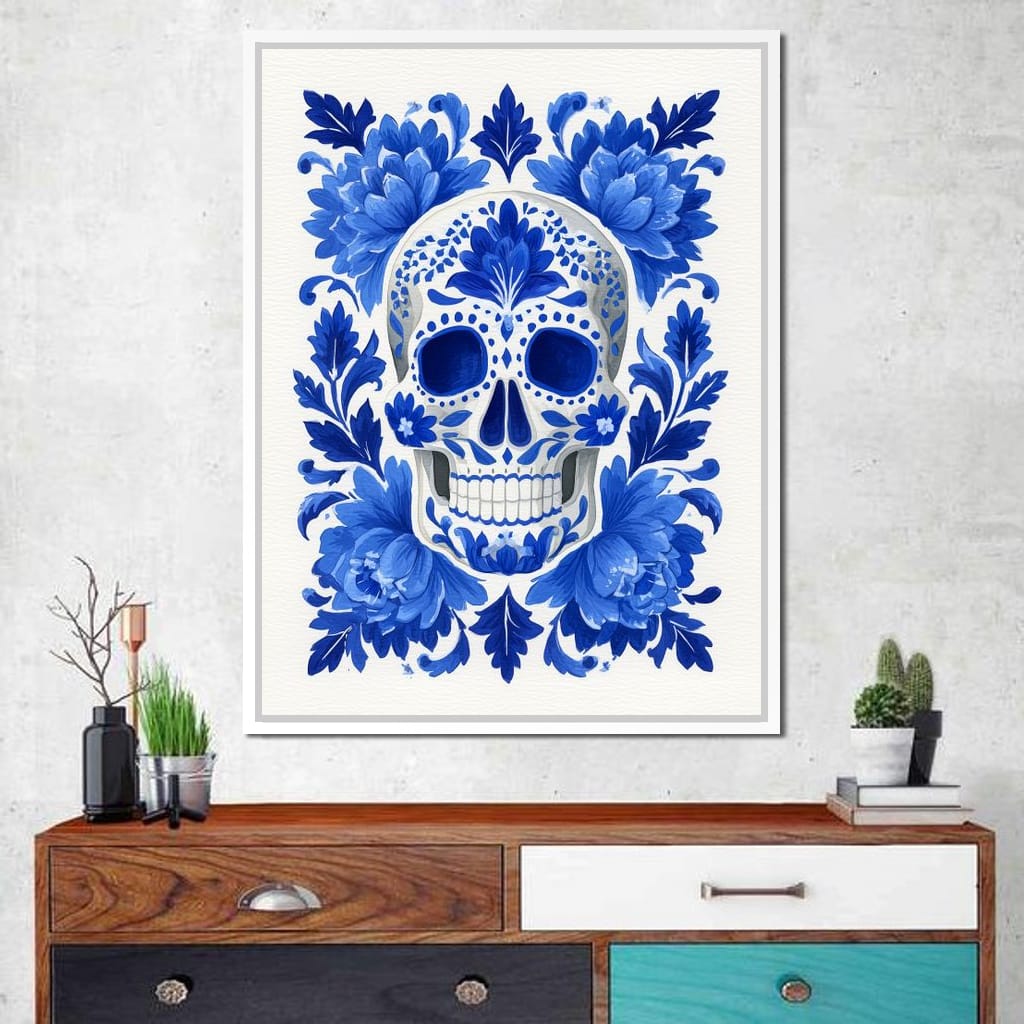 Blue Floral Sugar Skull Folkstyle Canvas Wall Art