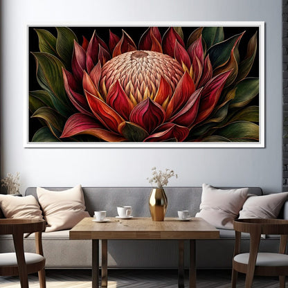 Crimson Protea Flame Crown Canvas Wall Art