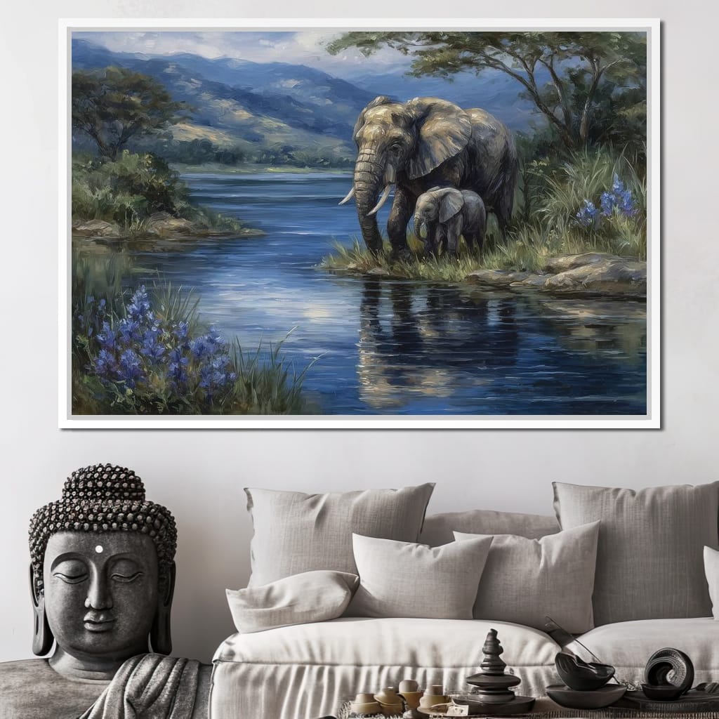 Elephant Family Riverbank Dream Canvas Wall Art