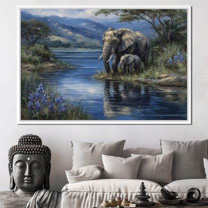 Elephant Family Riverbank Dream Canvas Wall Art