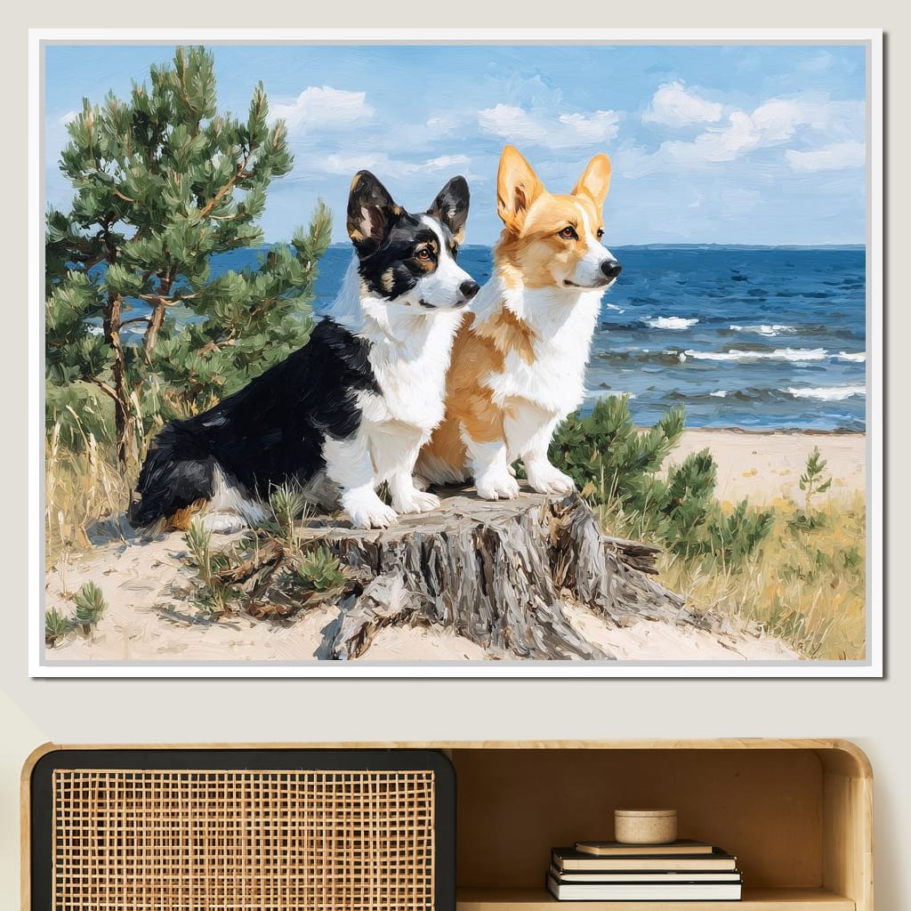 Coastal Corgi Pair Lookout Canvas Wall Art