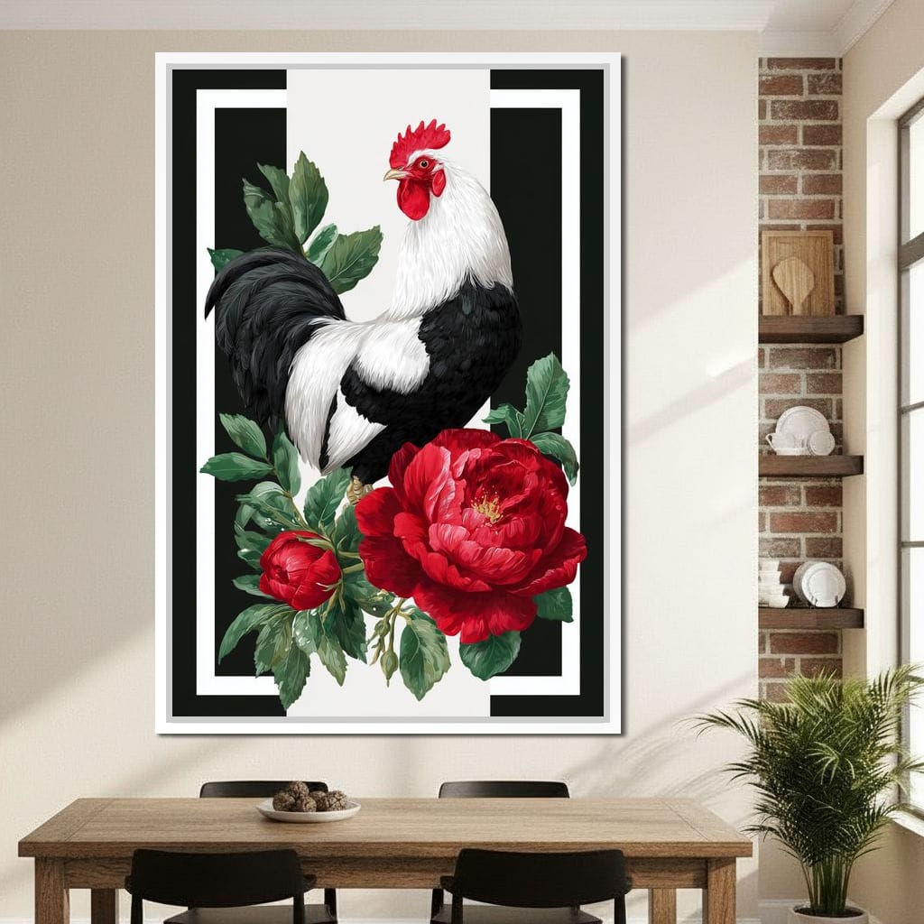 Rooster With Peony Garden Canvas Wall Art