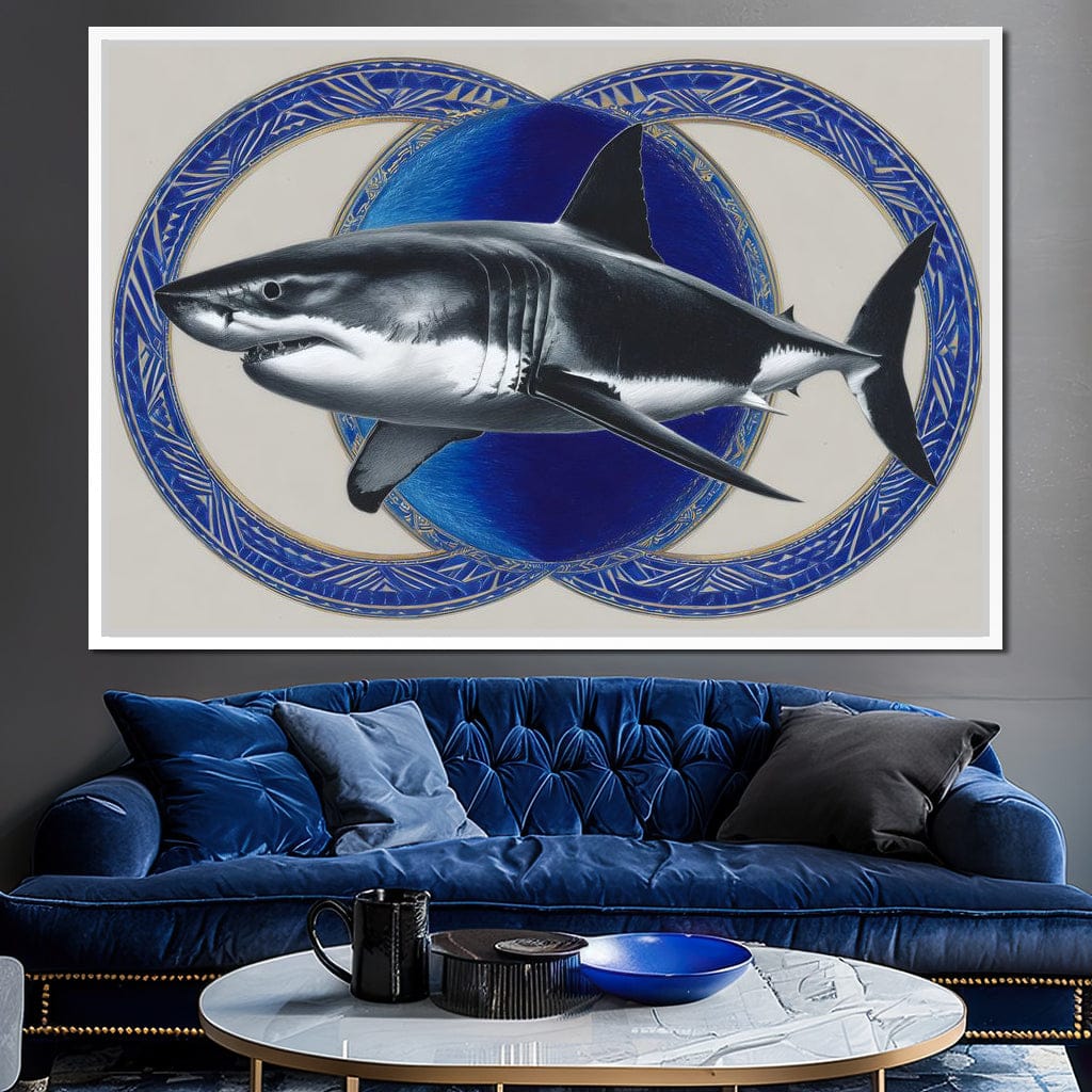 Great White Shark Emblem Blue Canvas Wall Art