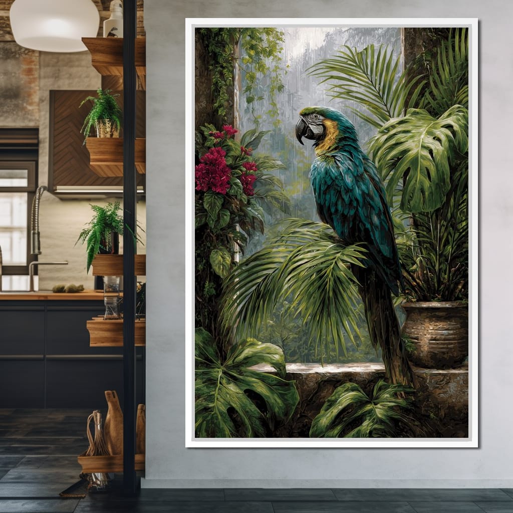 Rainforest Macaw Perch Scene Canvas Wall Art