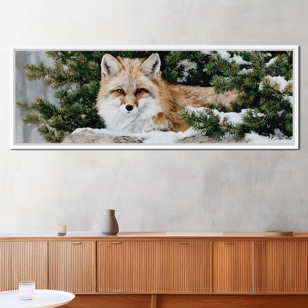 Winter Fox Under Pine Boughs Canvas Wall Art