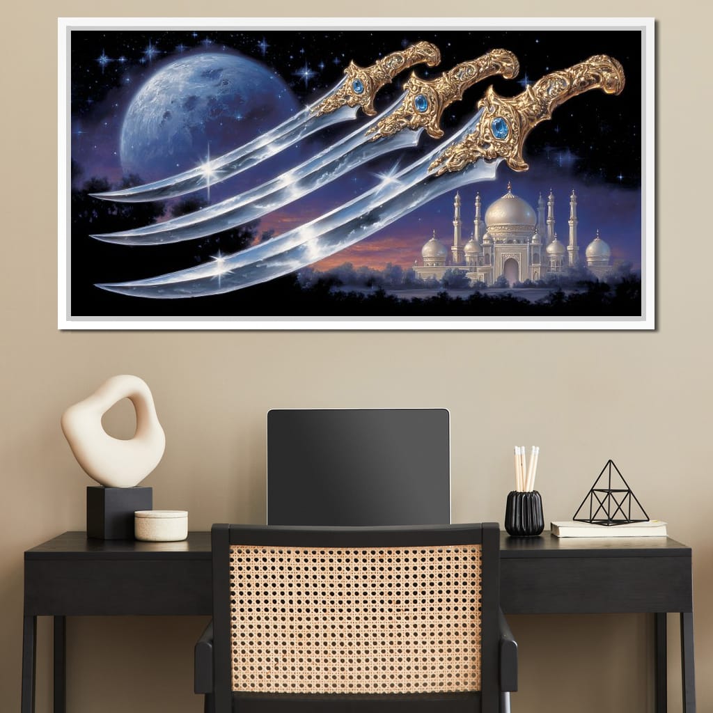 Moonlit Blades Over Golden Palace Canvas Wall Art
