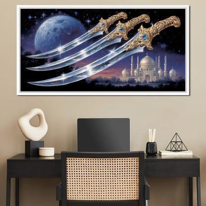 Moonlit Blades Over Golden Palace Canvas Wall Art