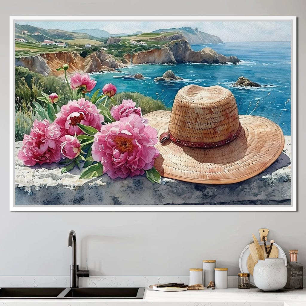 Seaside Blooms and Straw Hat Canvas Wall Art