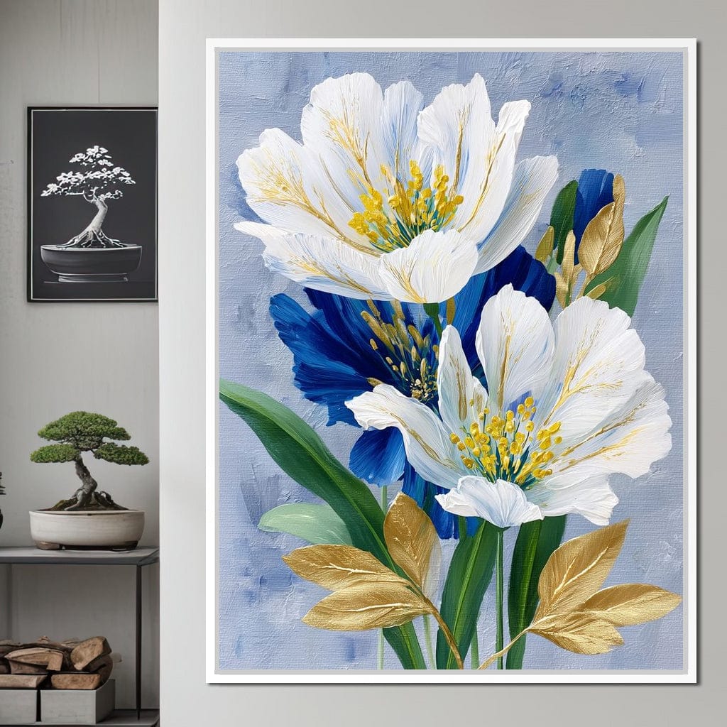 White Peony Blue Petals Gold Canvas Wall Art