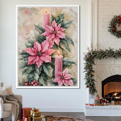 Festive Poinsettia Candle Glow Canvas Wall Art