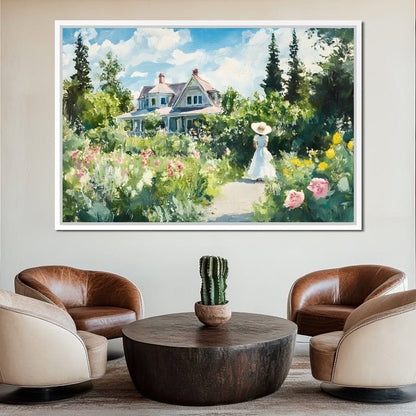 Sunlit Garden By Victorian House Canvas Wall Art