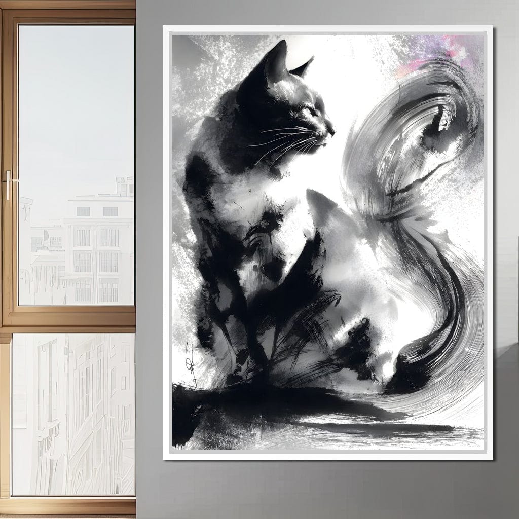 Sumi Ink Cat Reflecting Shadow Canvas Wall Art