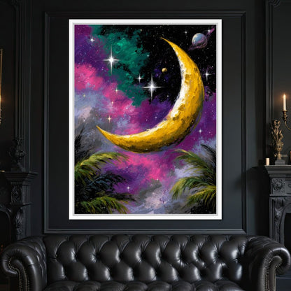 Golden Crescent Cosmic Nightscape Canvas Wall Art