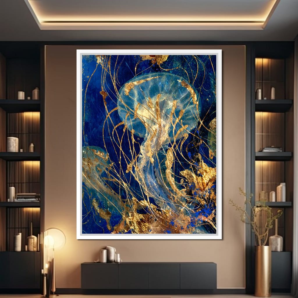 Golden Jellyfish Deep Blue Sea Canvas Wall Art