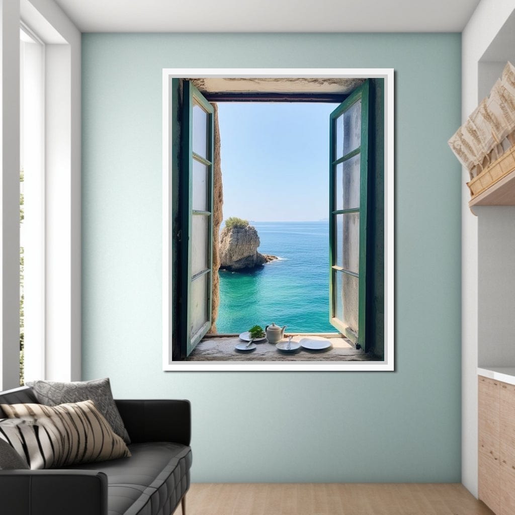 Oceanic Vista Through Wooden Pane Canvas Wall Art