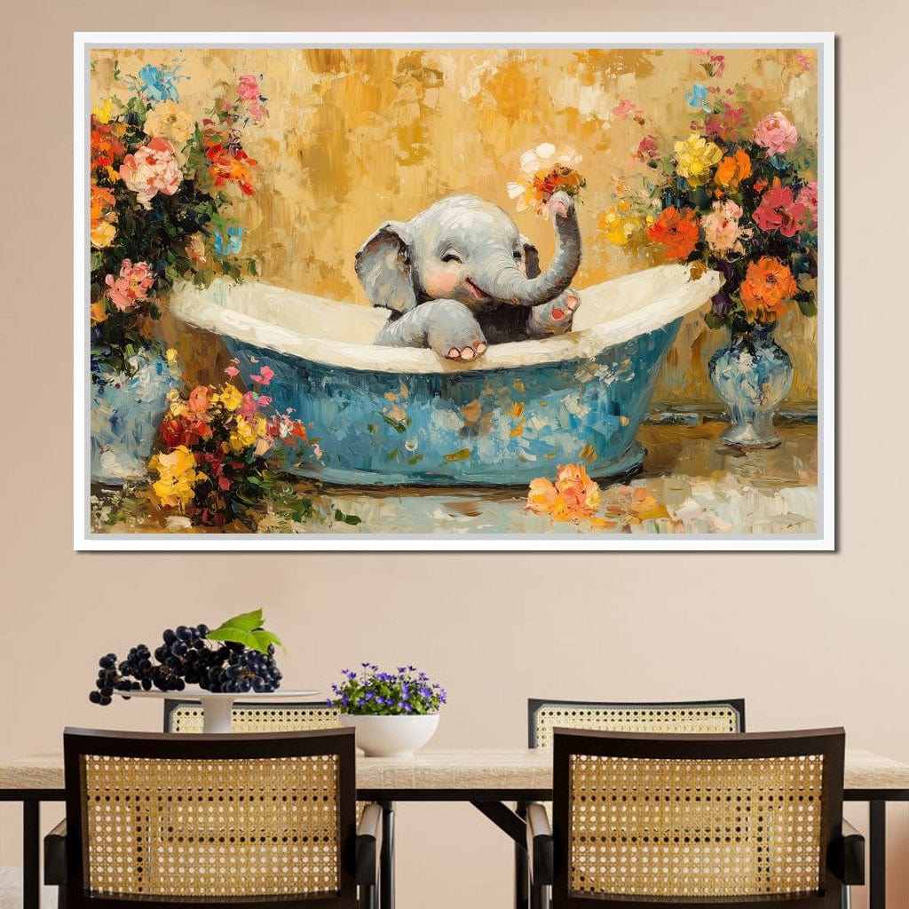 Elephant Joy in Floral Bath Canvas Wall Art