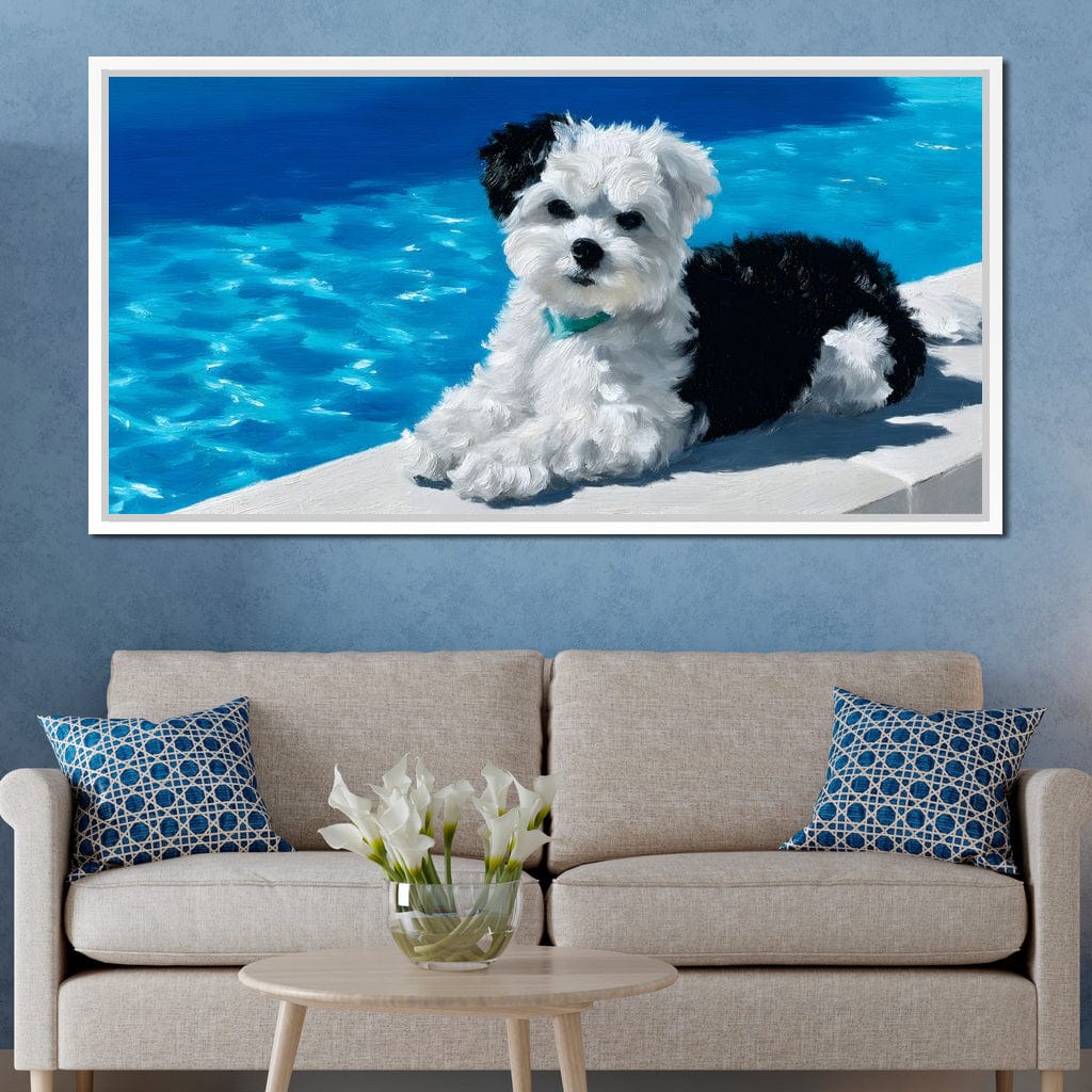 Puppy Relaxation by the Pool Canvas Wall Art