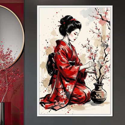 Japanese Woman with Cherry Blossoms Canvas Wall Art