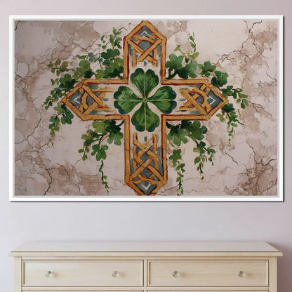 Celtic Cross Clover Wreath Canvas Wall Art