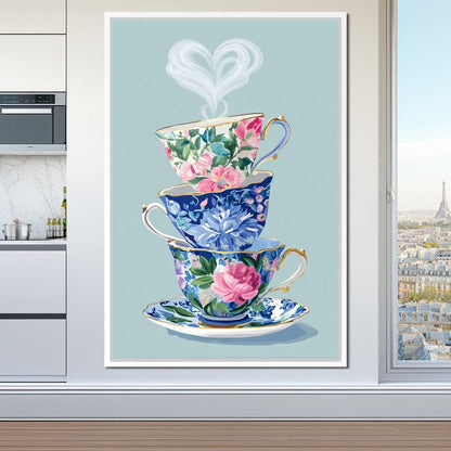 Vintage Floral Teacup Stack Delight Canvas Wall Art