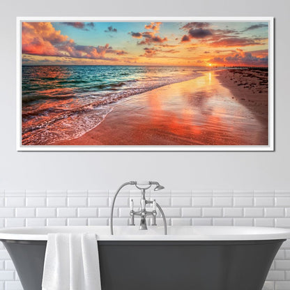 Sunset Over an Ocean Beach Shore Canvas Wall Art