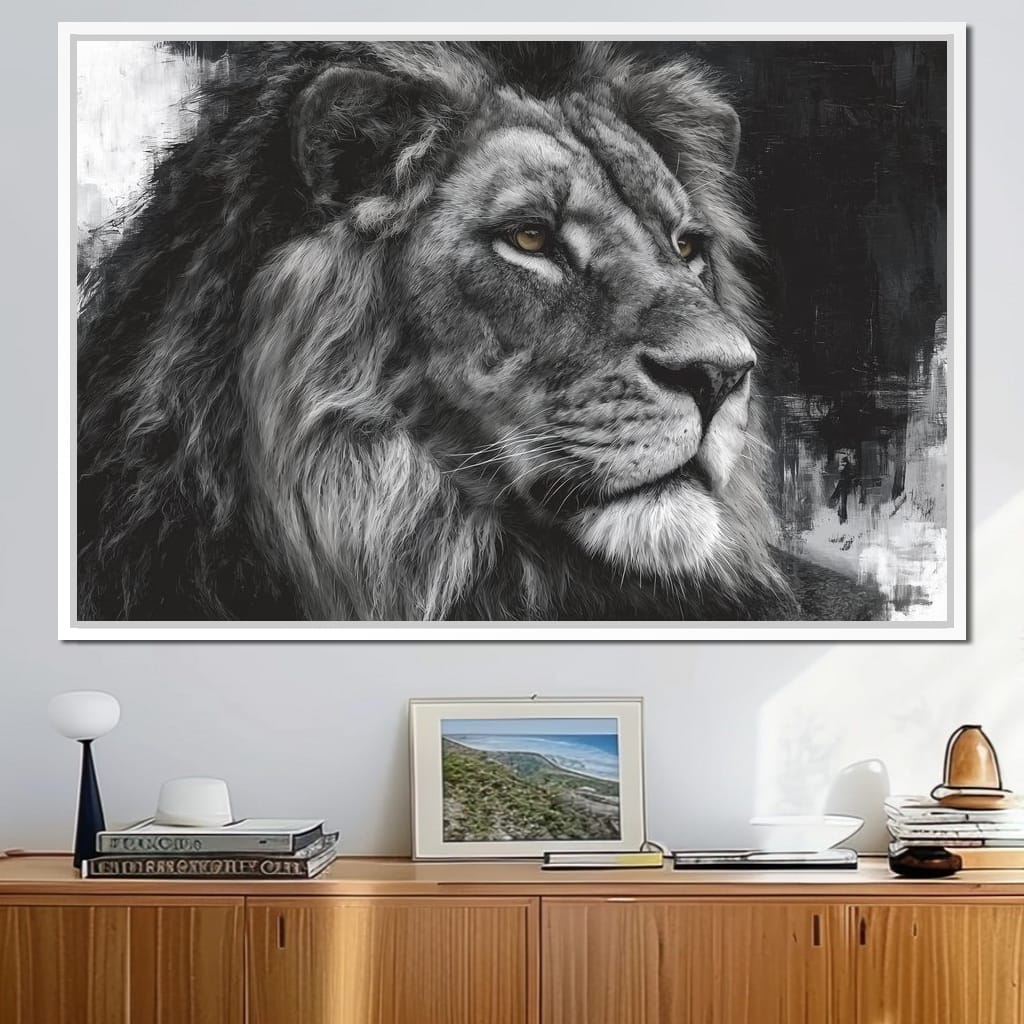Regal Lion Monochrome Portrait Canvas Wall Art