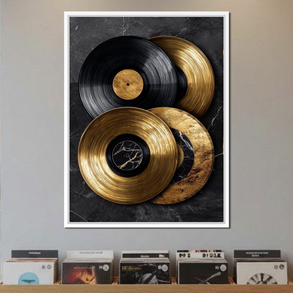 Gold Vinyl Records Noir Marble Canvas Wall Art