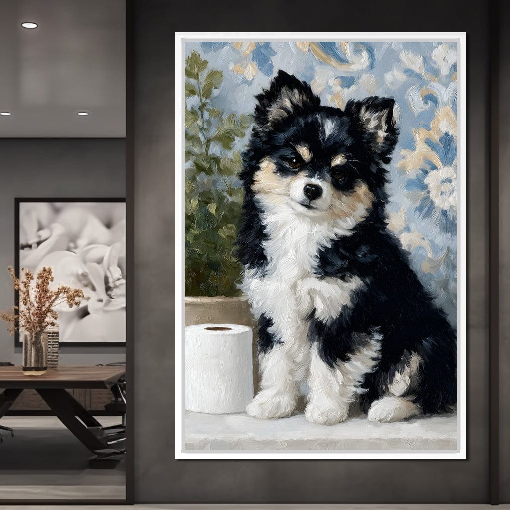 Playful Puppy Bathroom Guard Canvas Wall Art