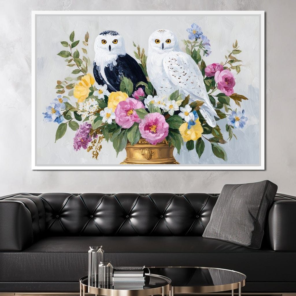 Snowy Owls Floral Canvas Wall Art