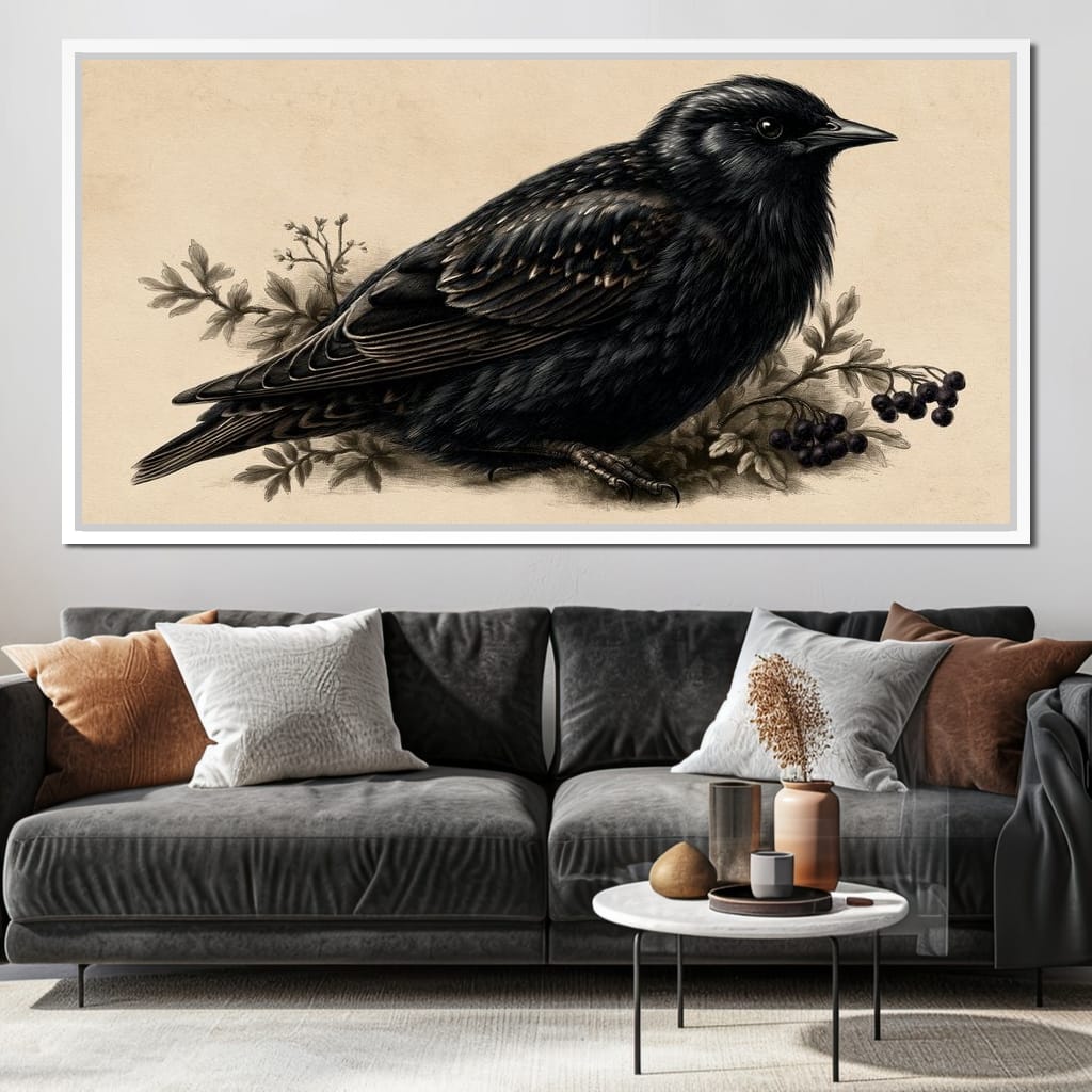 Solitary Starling Perched Upon Wild Berries Canvas Wall Art