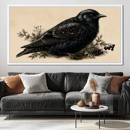 Solitary Starling Perched Upon Wild Berries Canvas Wall Art