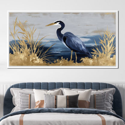 Coastal Heron Gold Reeds Canvas Wall Art