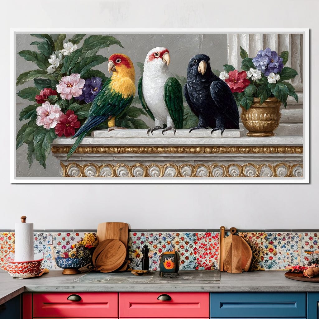 Parrot Trio On Florid Ledge Canvas Wall Art