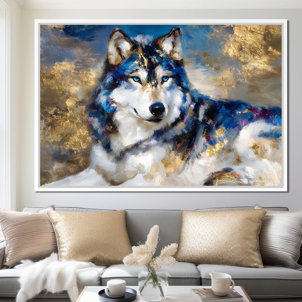 Sapphire Wolf Gold Radiance Canvas Wall Art