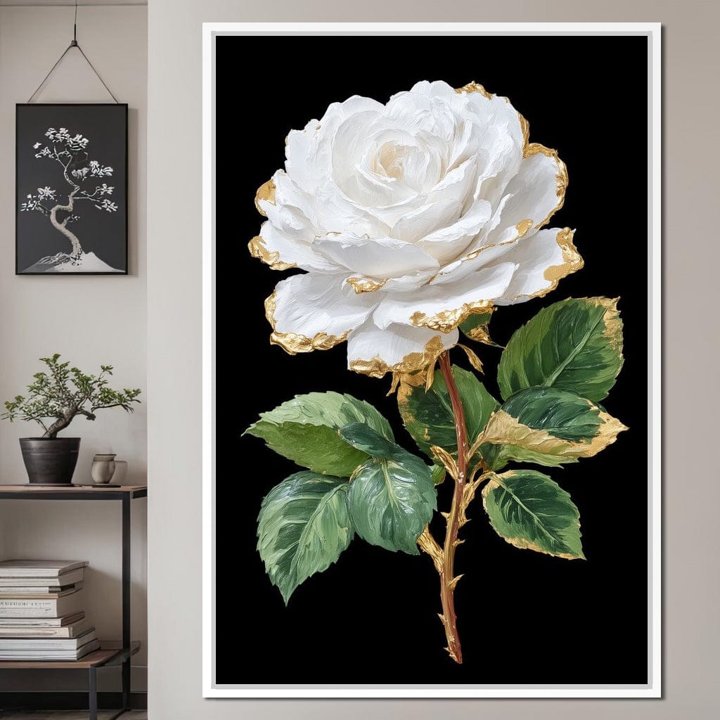 Gilded White Rose Portrait Canvas Wall Art