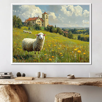 Meadow Sheep by the Countryside Canvas Wall Art
