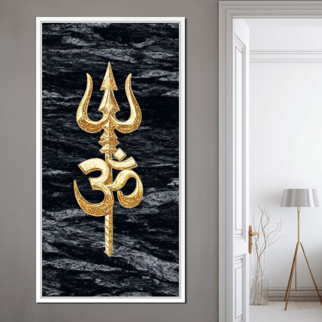 Golden Om Trishul Emblem Canvas Wall Art
