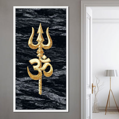 Golden Om Trishul Emblem Canvas Wall Art