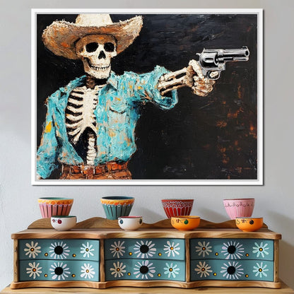 Cowboy Skeleton in Denim Canvas Wall Art