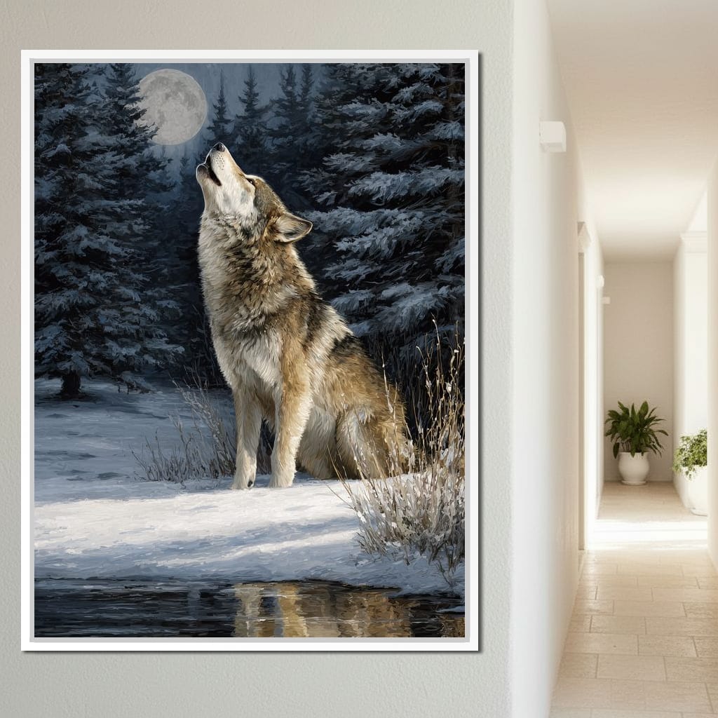 Moonlit Wolf Winter Howl Night Canvas Wall Art