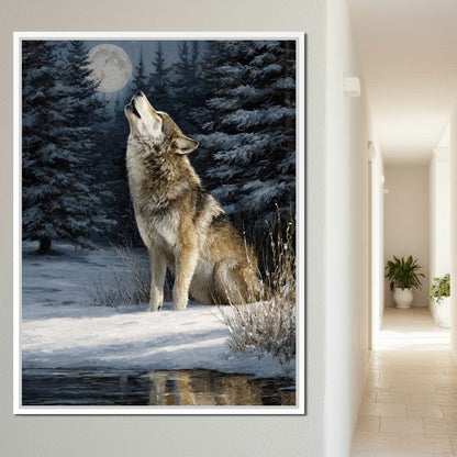 Moonlit Wolf Winter Howl Night Canvas Wall Art