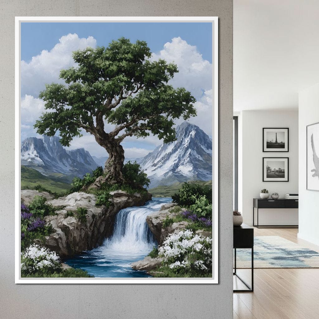 Majestic Tree Mountain Falls Canvas Wall Art
